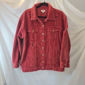Easel Women's Distressed Button Down Corduroy Shacket Jacket Brick Red Size L